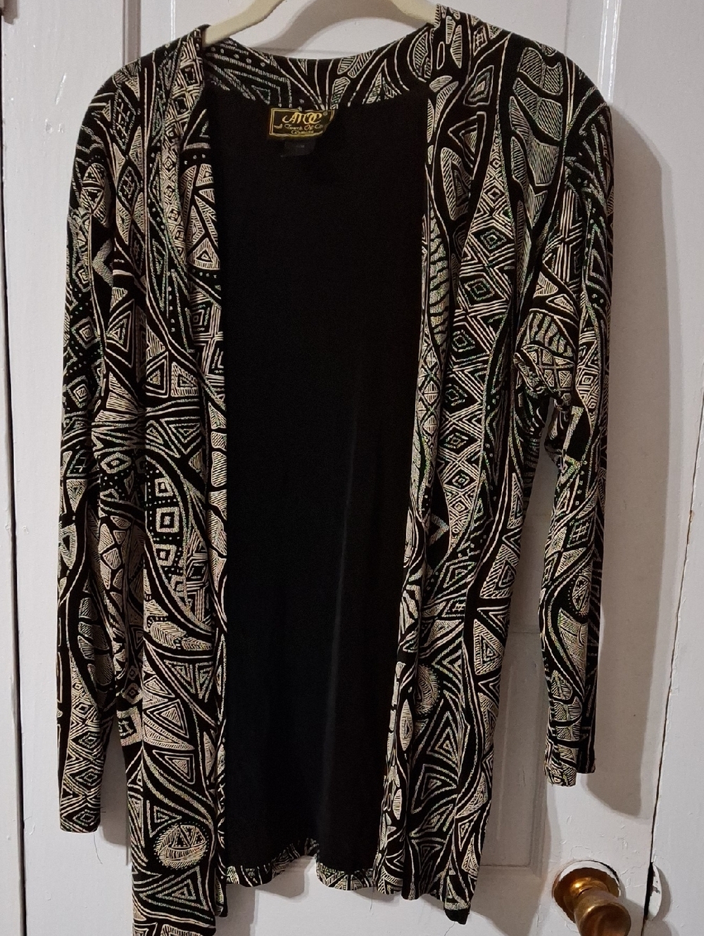 Black & Cream Geometric Open-Front Women's Cardigan (MIS259)